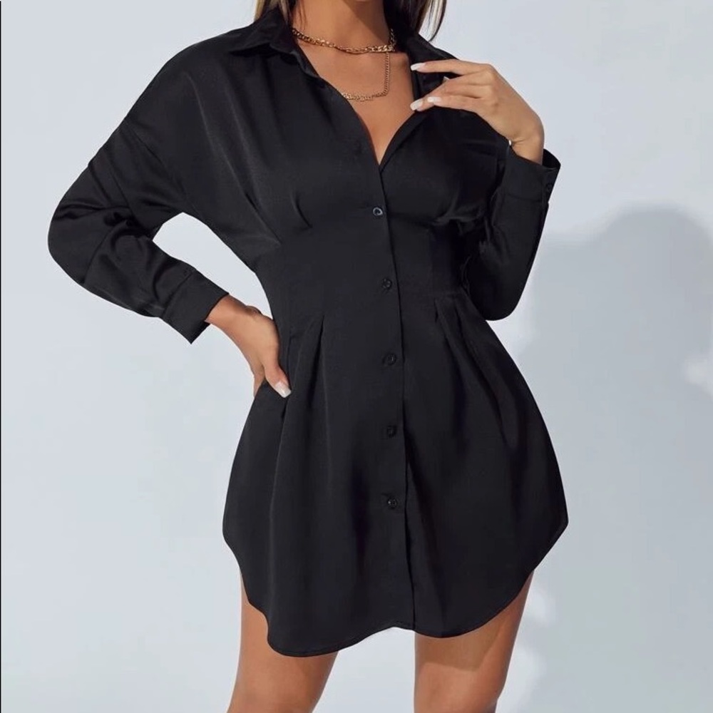 chic black blouse dress with free waist belt satin silk leather